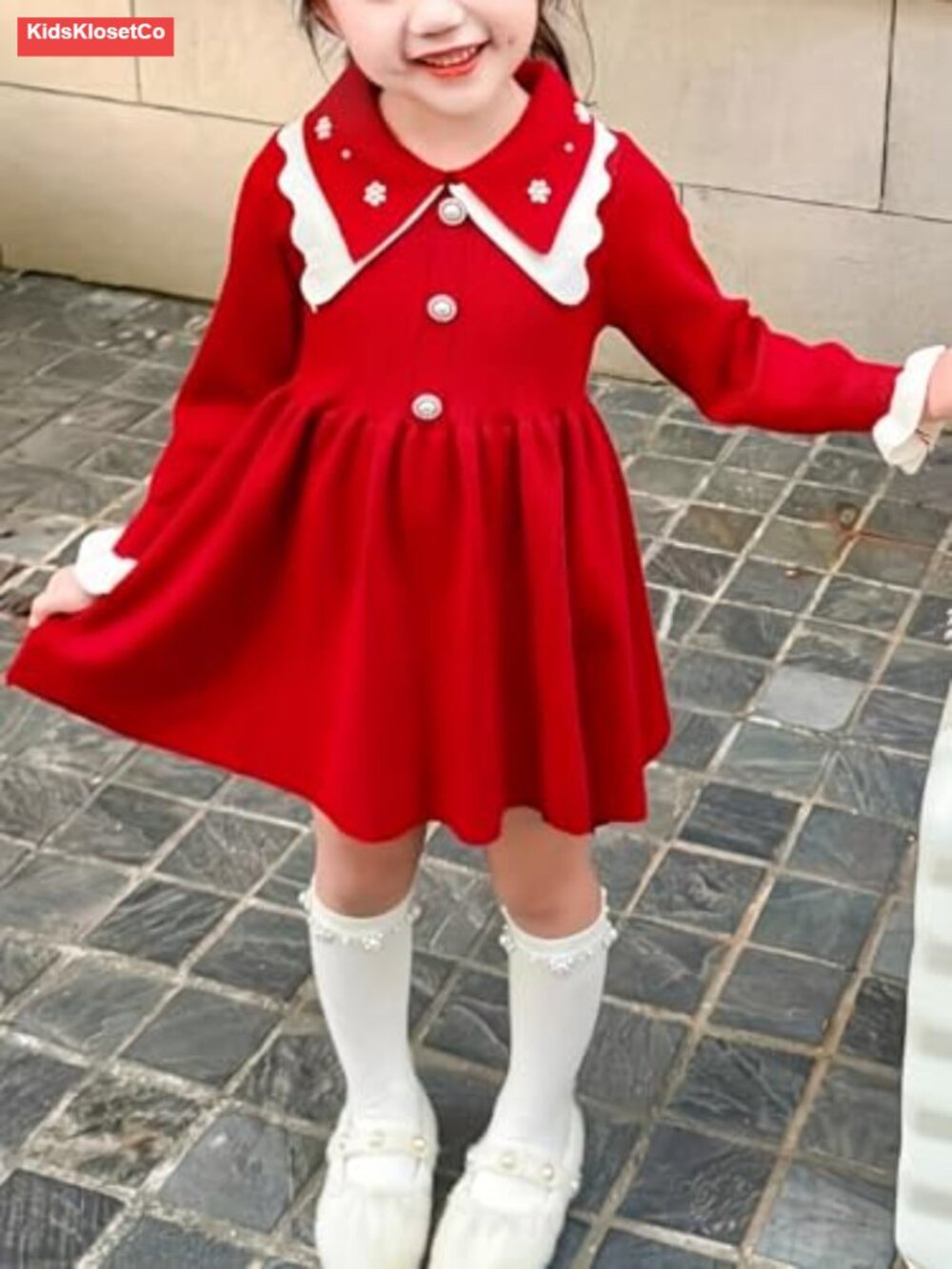Girls Knit Sweater Dress Long Sleeve Pearl Button Fall Winter - Picture 6 of 6